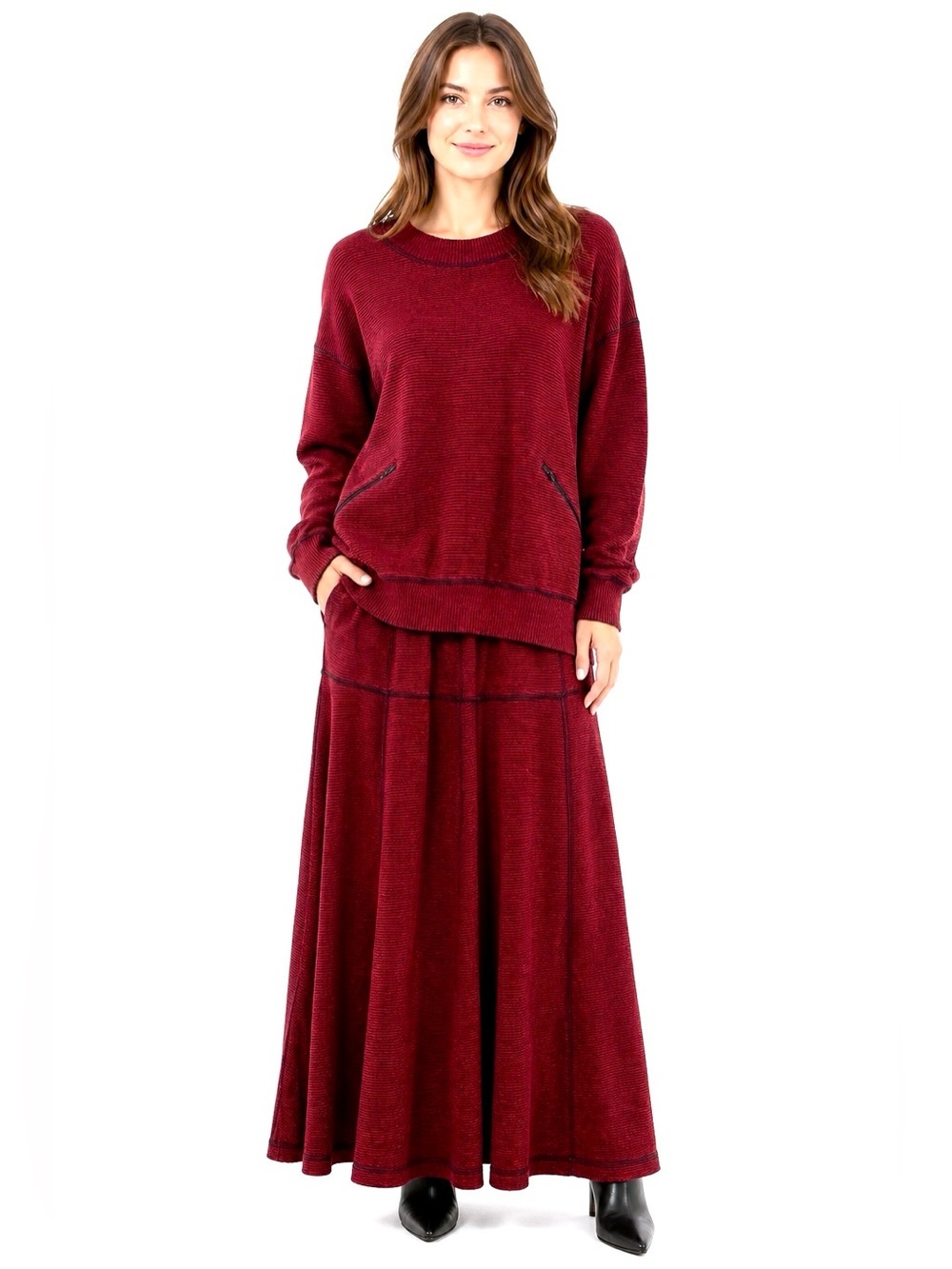 80 VTG Christian De Castelnau Maroon sweater skirt set slouchy cotton grandma